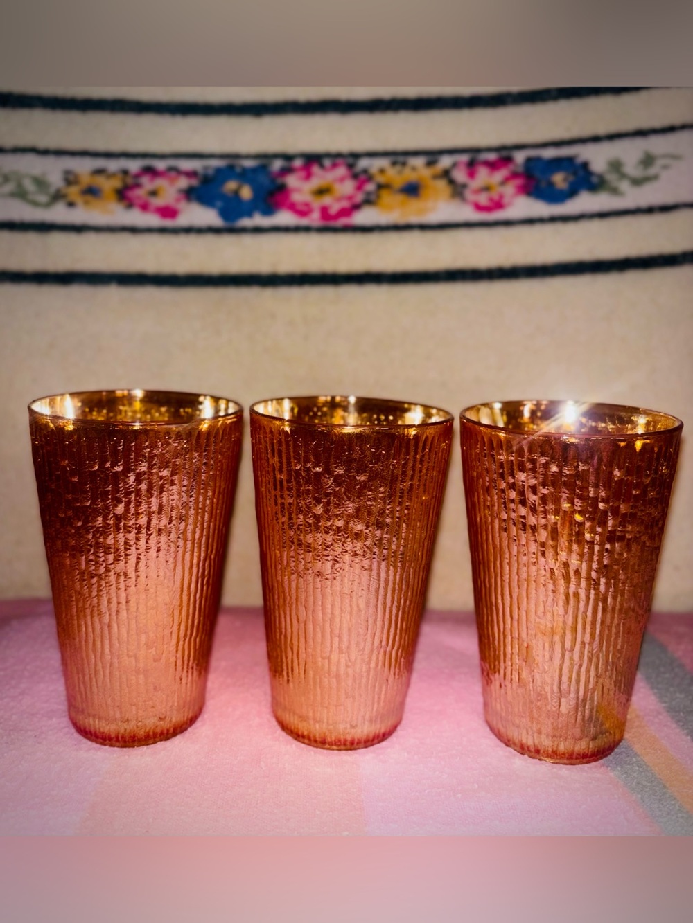 Vtg 1930s Set of (3) Jeannette Glass Marigold Carnival "Tree Bark" Tumblers